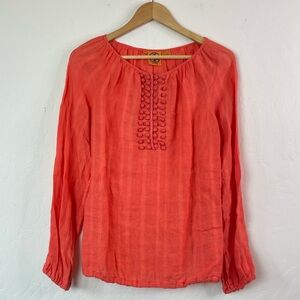 Tory Burch 100% Linen Boho Long Balloon Sleeve Button Front Top Blouse Size 8
